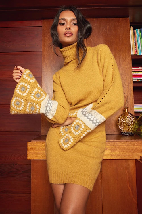 It's Groovy Mustard Yellow Multi Knit Turtleneck Sweater Dress | Lulus (US)