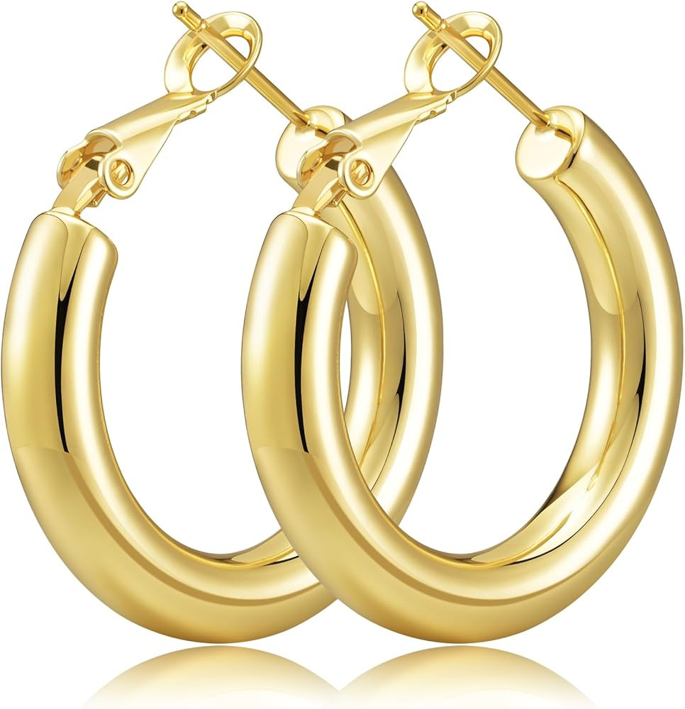 SHOWNII Chunky Gold Hoop Earrings, 14K Gold Plated Chunky Tube Hoop Earrings for Women Lightweigh... | Amazon (US)