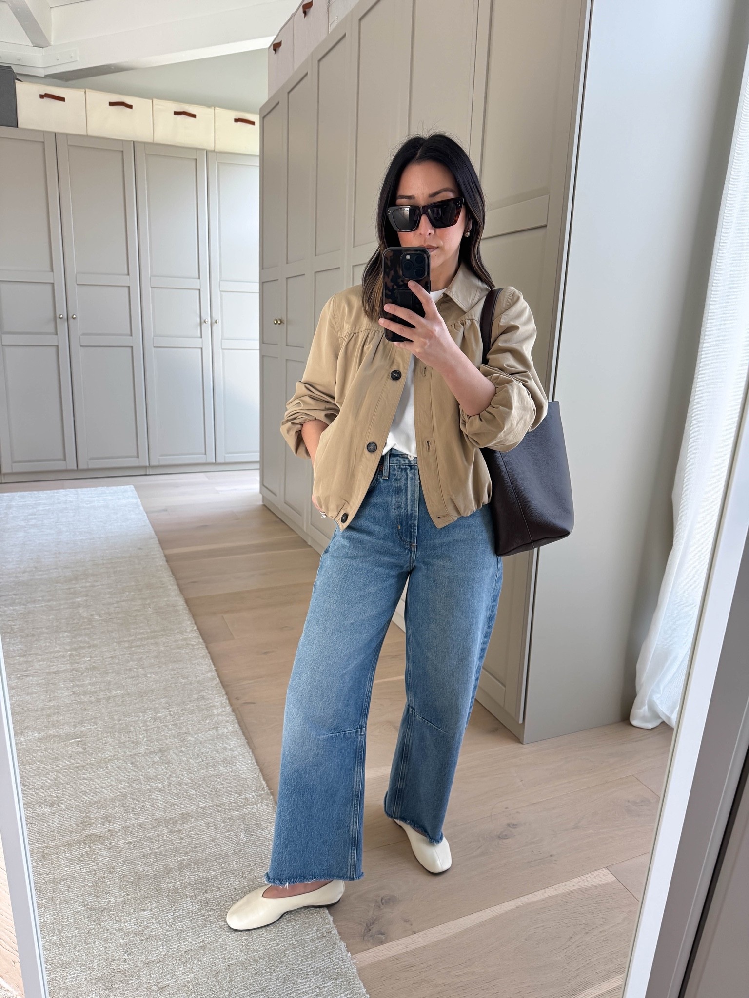 Easy easy mom outfit. I love a simple jacket that’s color coordinated and the jacket and jeans doing all the work. 

Jcrew tee medium
Zara jacket small
Citizens of humanity Miro jeans 24 - sized down and cut hems. 
Reformation flats 5
Quince bag small
Dorsey Maxwell earrings medium
Dorsey James necklace 15”
Celine sunglasses

#LTKmomlife #LTKootd #LTKPetite