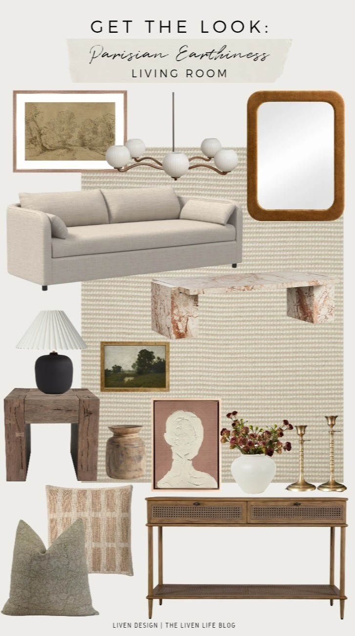 Living room style. Home decor. Parisian chic. Modern earthy. Pleated lamp. Modern art. Vintage art. Marble coffee table. Console. Throw pillows 

#LTKSeasonal #LTKHome #LTKSaleAlert