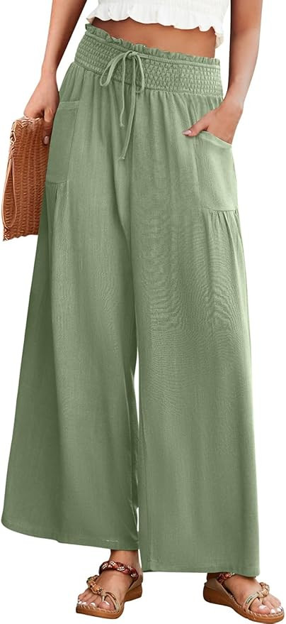 Linen Palazzo Pants for Women Wide Leg High Waist Casual Loung Trousers Beach Travel Vacation Har... | Amazon (US)
