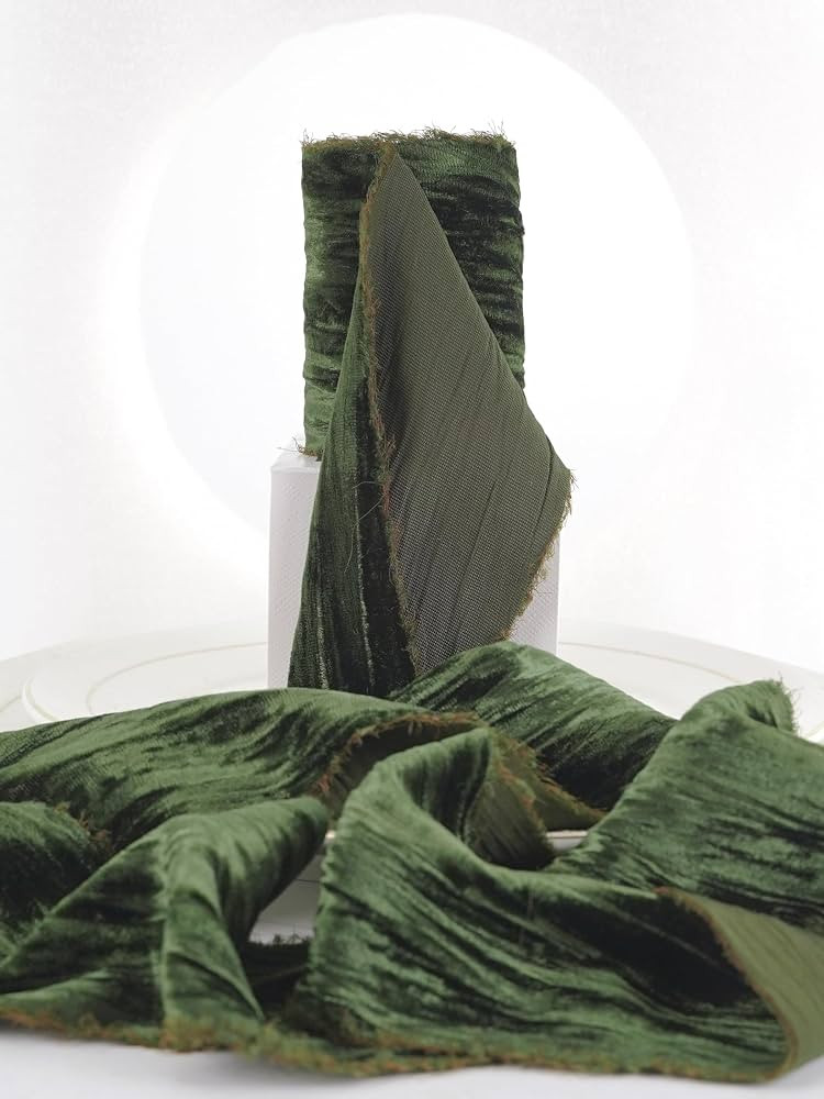 HUIHUANG Moss Green Velvet Ribbon 3 inch Moss Frayed Velvet Ribbon Crinkled Raw Edge Ribbon for W... | Amazon (US)