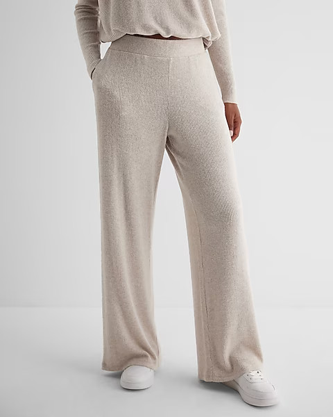 High Waisted Ribbed Cozy Knit Pull On Wide Leg Pant | Express