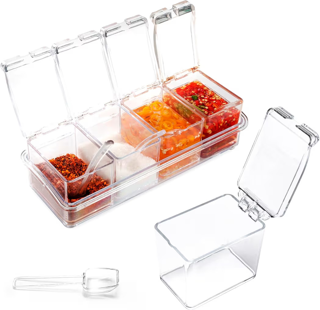 Clear Seasoning Box, 4 Piece Seasoning Rack Spice Pots, Plastic Storage Container Condiment Jars ... | Amazon (US)