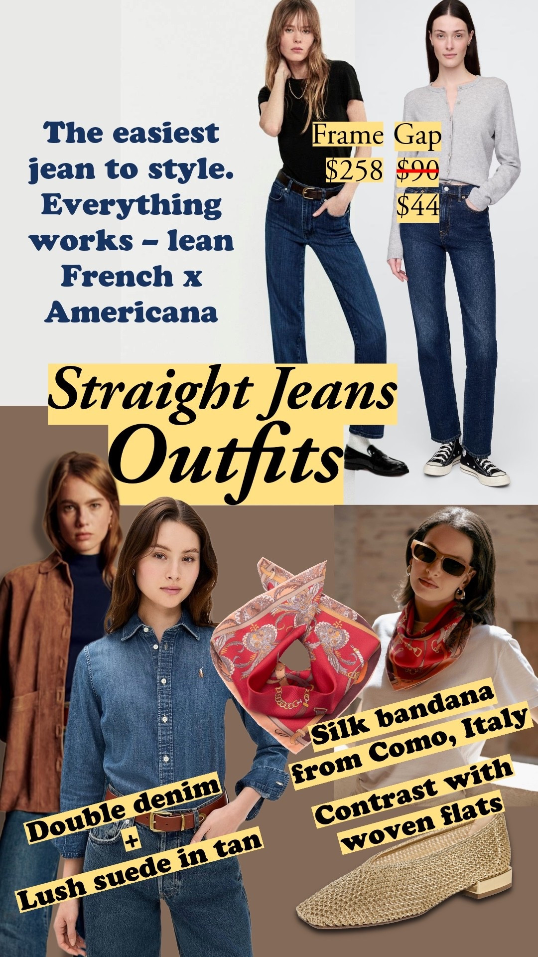 Straight jeans are the easiest silhouette to style – everything works, from a simple black tee to double denim with a lush suede jacket. A silk bandana from Como adds that lean French-meets-Americana mix. My straight jean picks and the accessories that elevate them 👇 

straight jeans, straight jeans outfit, how to style straight jeans, dark wash straight jeans, double denim outfit, silk bandana, woven flats, suede jacket and jeans, French girl style, Americana style, Frame jeans, Gap jeans, spring denim outfit


#LTKootd