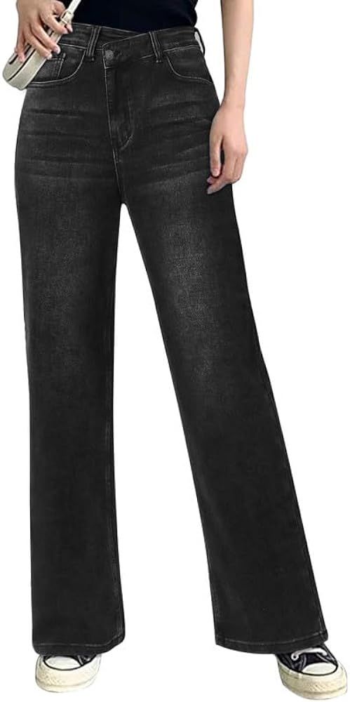 Genleck Women Crossover Wide Leg Jeans – Stretch Baggy Jeans High Waisted Trendy Boyfriend Jean... | Amazon (US)
