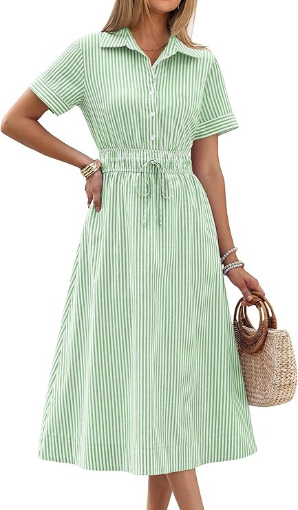 ANRABESS Womens Summer Midi Dress Short Sleeve Striped Plaid Button Collar Shirt Dresses 2026 Cas... | Amazon (US)