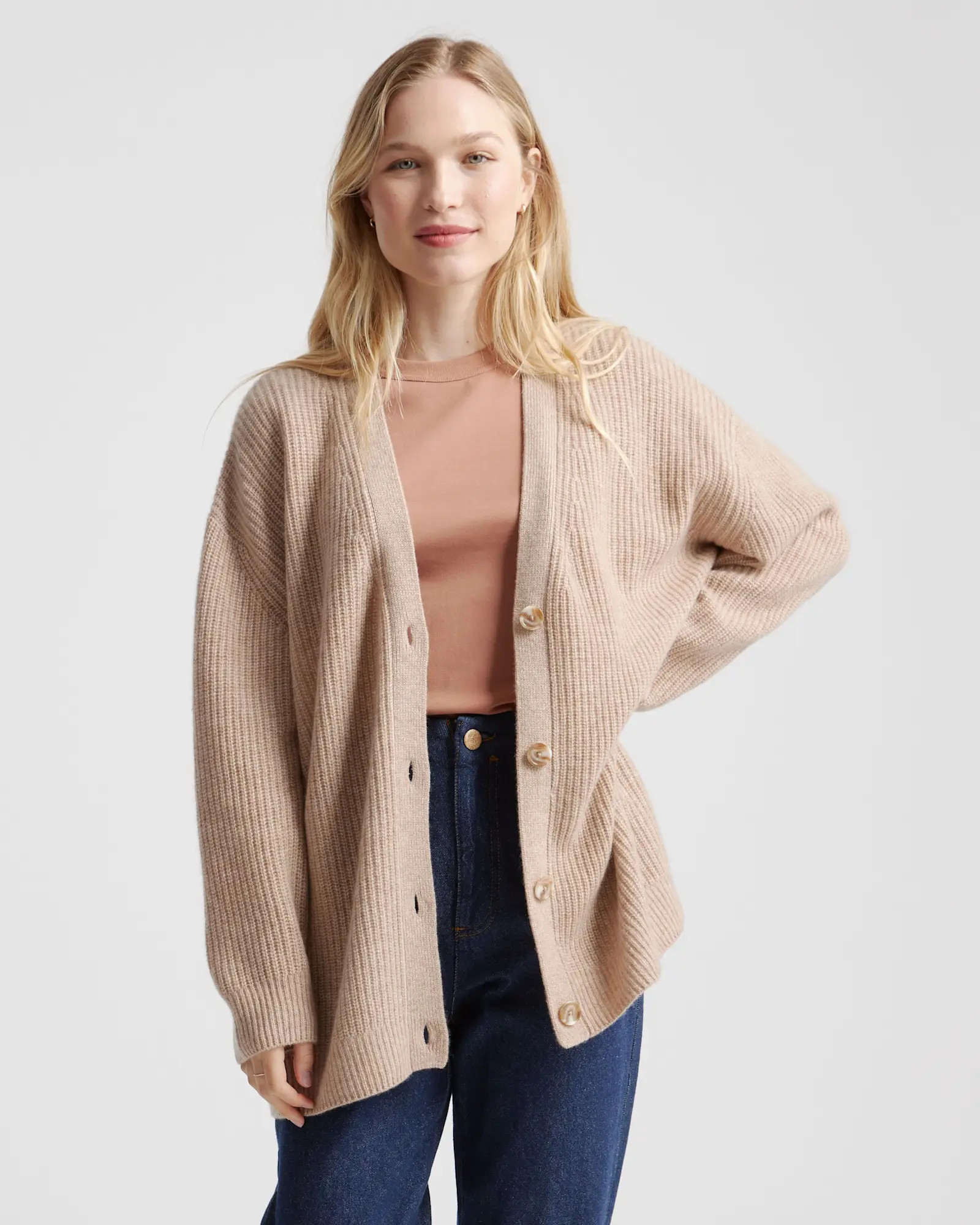Mongolian Spring Cashmere Oversized Boyfriend Cardigan Sweater in Oatmeal | Quince