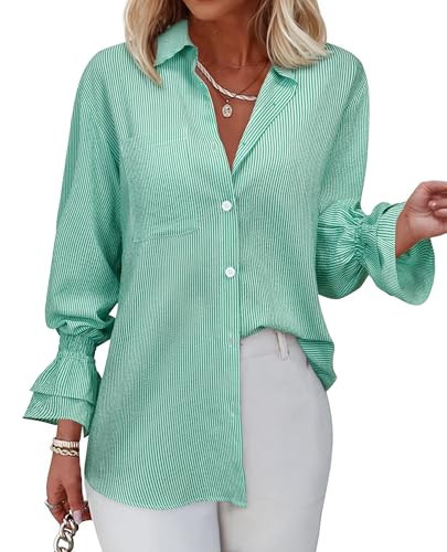 Green Striped Button Up Shirt Women Button Down Ruffle Bell Long Sleeve Striped Shirt Boyfriend Casual V Neck Collar High Low Hem Dressy Fashion Clothes Y2K Trendy Outfit Green and White Stripe 2XL | Amazon (US)