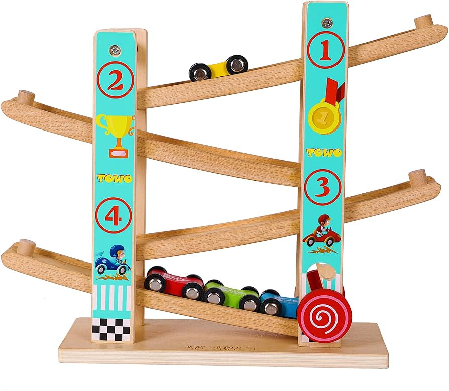 TOWO Pure Wooden Car Ramp - Zig Zag Car Slide Run with 4 Wooden Cars Playsets-Click Clack Track W... | Amazon (US)
