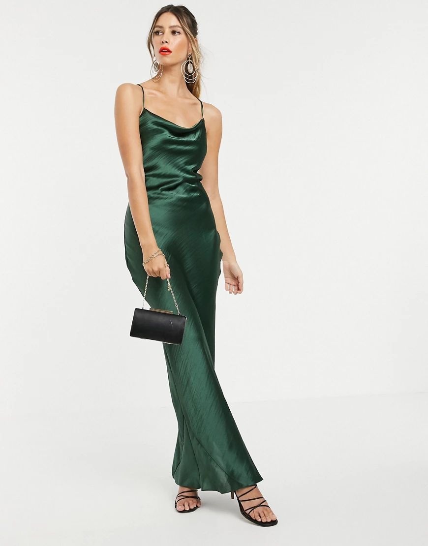 ASOS DESIGN cami maxi slip dress in high shine in satin with lace up back-Green | ASOS (Global)