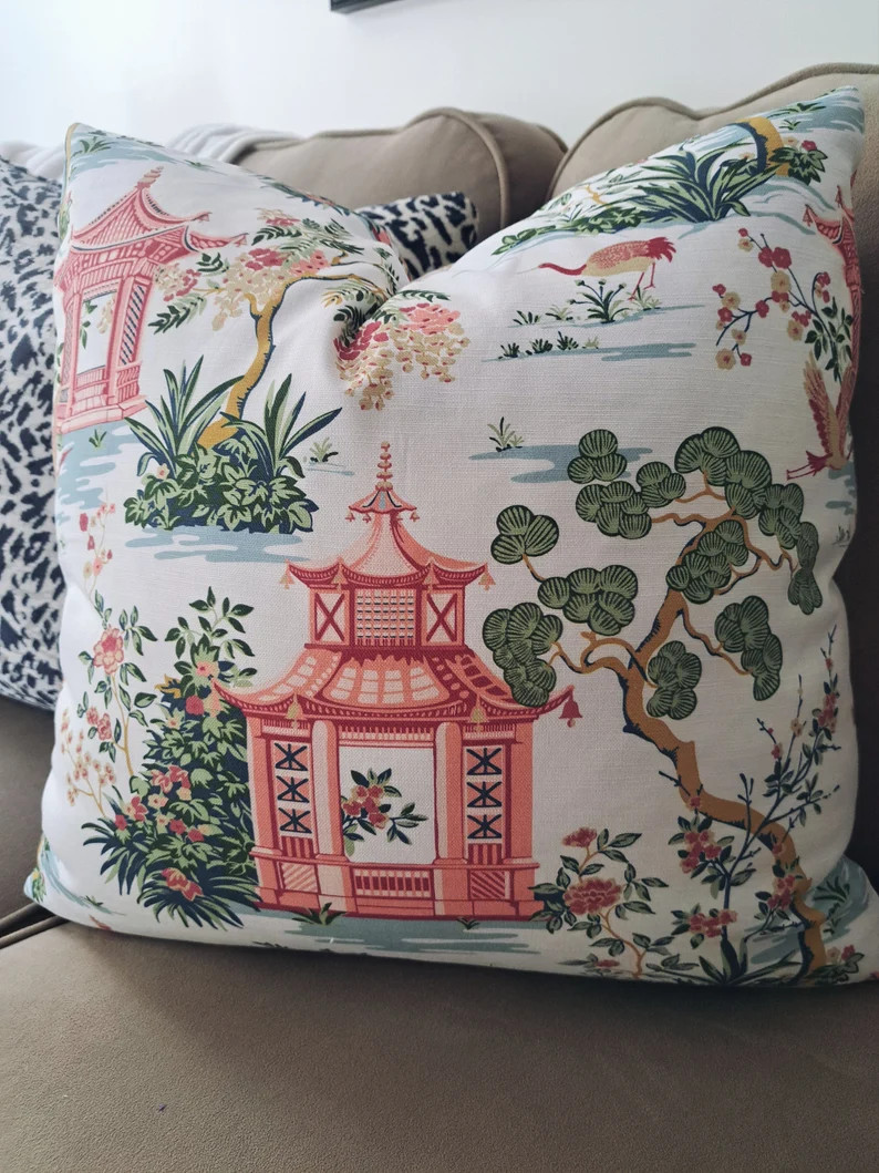 Blush Pink and Green Chinoiserie Scenery Pillow Cover - Etsy | Etsy (US)