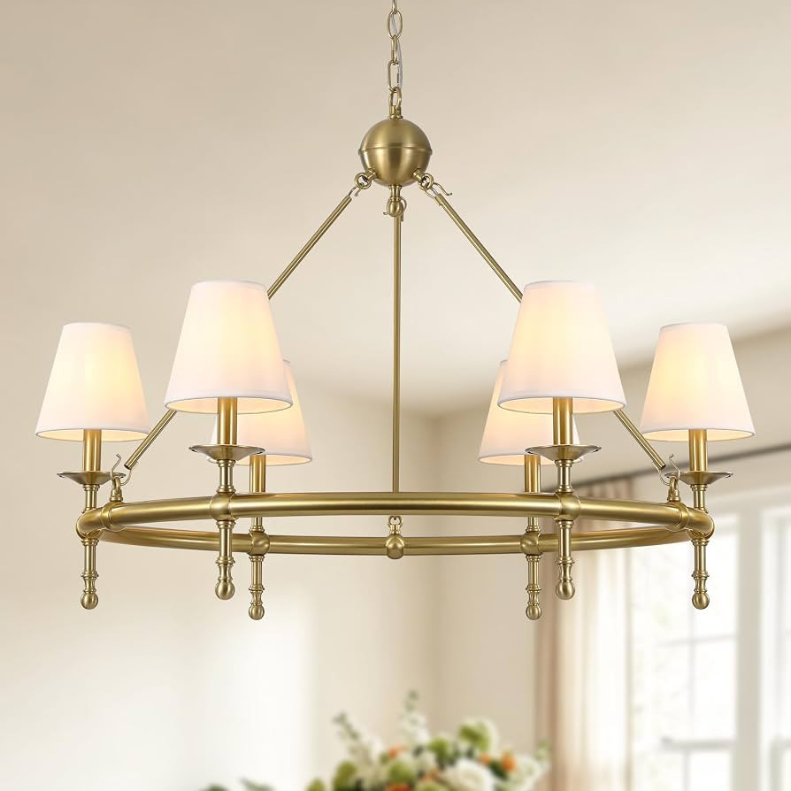 Klgxnrd 6-Light Brushed Gold Wagon Wheel Chandelier with White Fabric Shade | Amazon (US)