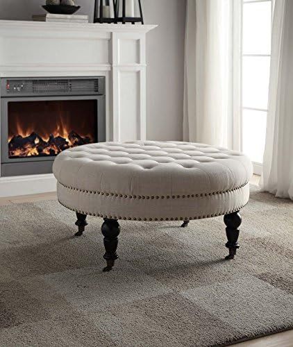 Linon Isabelle Round Wood Upholstered Ottoman in Natural Beige | Amazon (US)