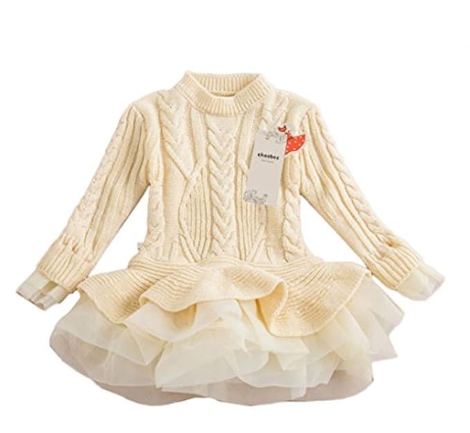 eKooBee Little Girls Pullover Woolen Organza Sweater Warn Dress | Amazon (US)
