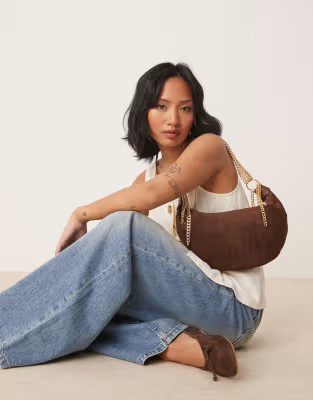 ASOS DESIGN faux suede statement chain scoop shoulder bag in chocolate | ASOS (Global)