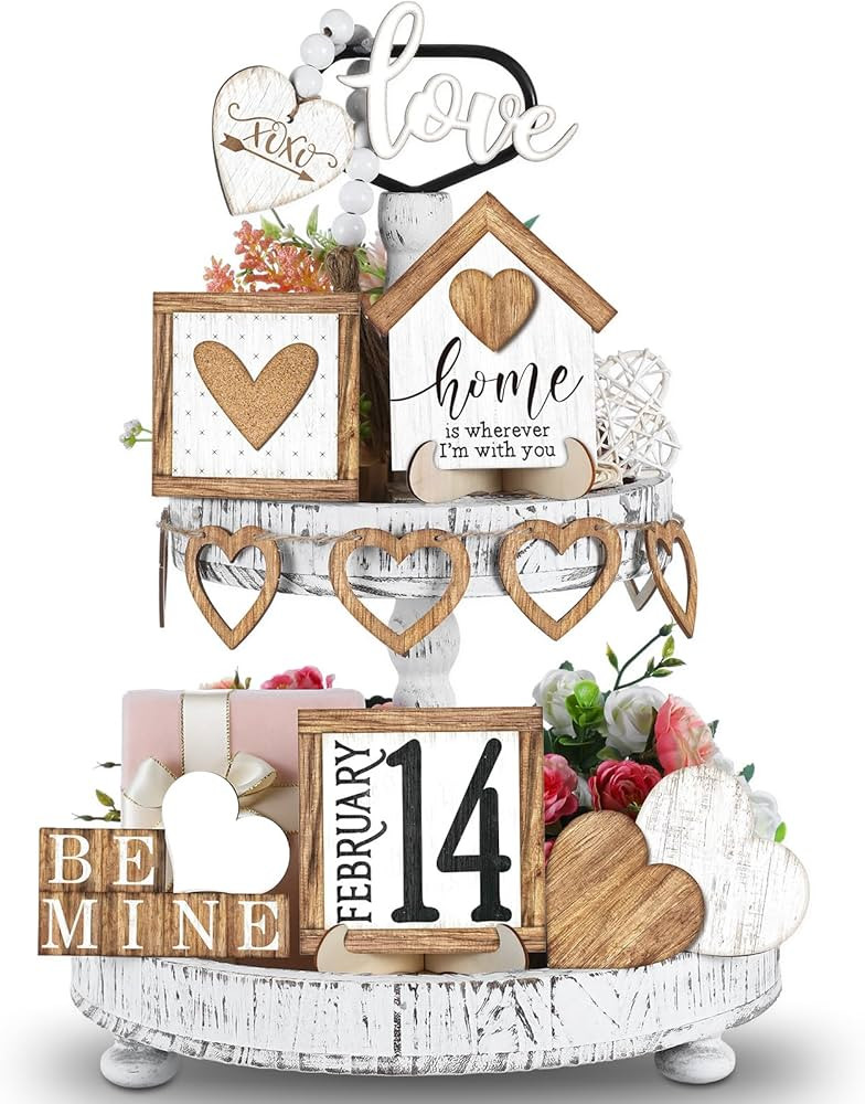 Marsui 19 Pcs Valentine's Day Tiered Tray Decor Set, Valentines Heart Wood Sign Rustic Farmhouse ... | Amazon (US)