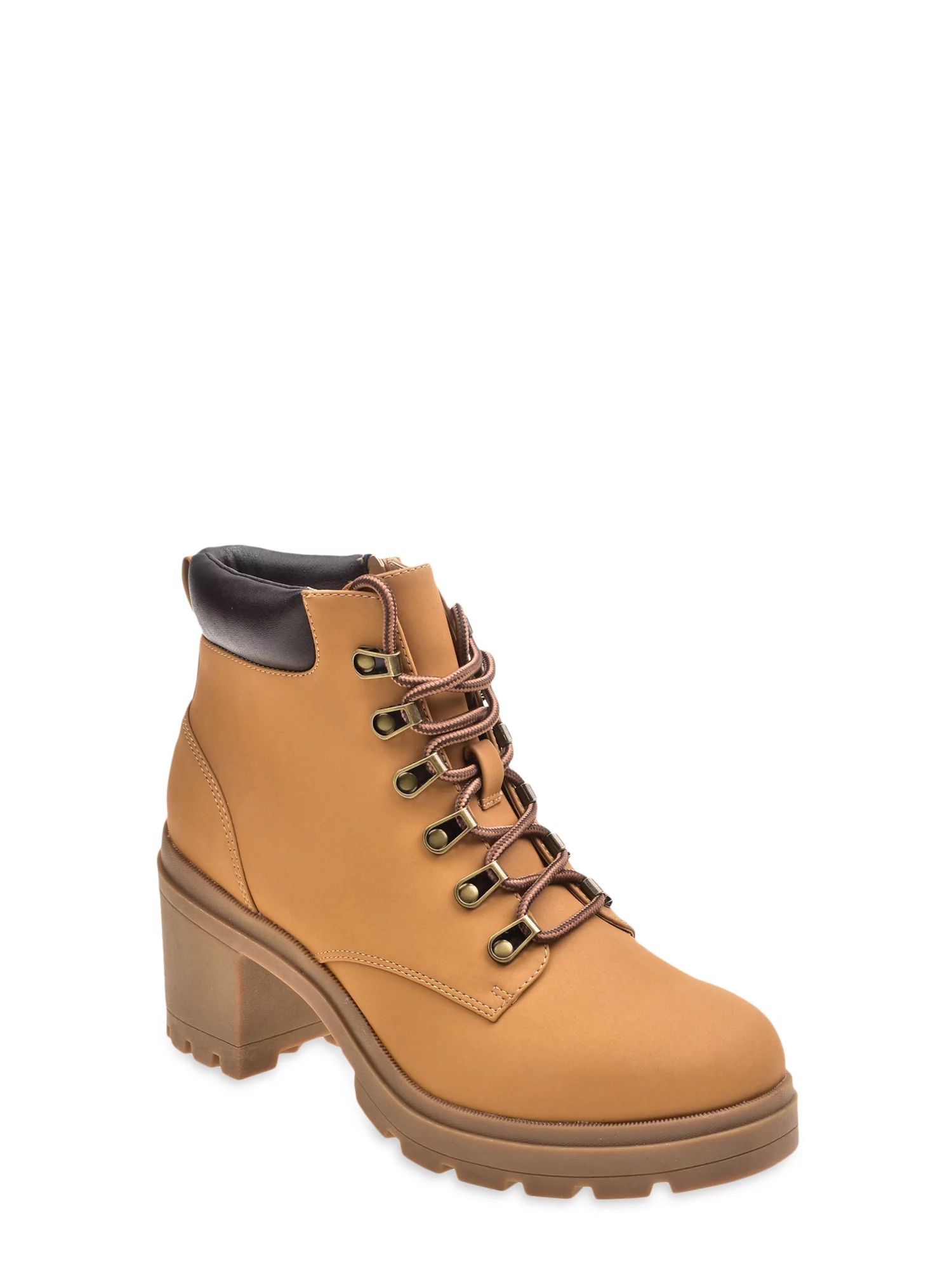 No Boundaries Women's Lace-Up Moto Boots with Heels, Wide Width Available | Walmart (US)