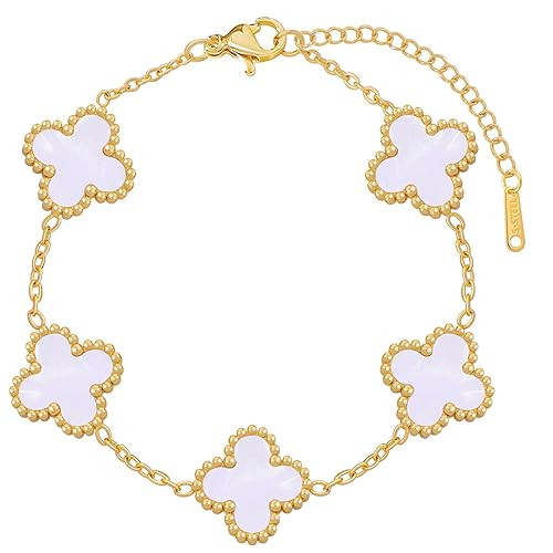 Four Leaf Clover Bracelet for Women 18K Gold Plated Stainless Steel Lucky 4 Leaf Clover Pearl Cha... | Amazon (US)