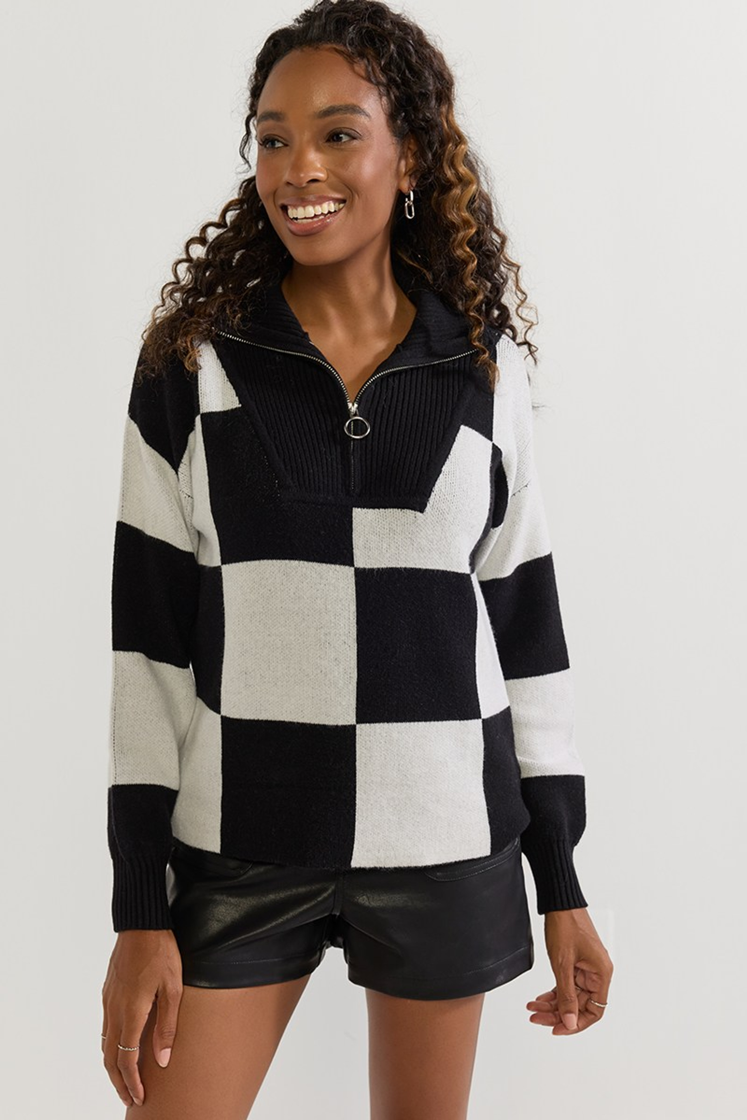 Holly Quarter Zip Checkered Pullover Sweater | Francesca's