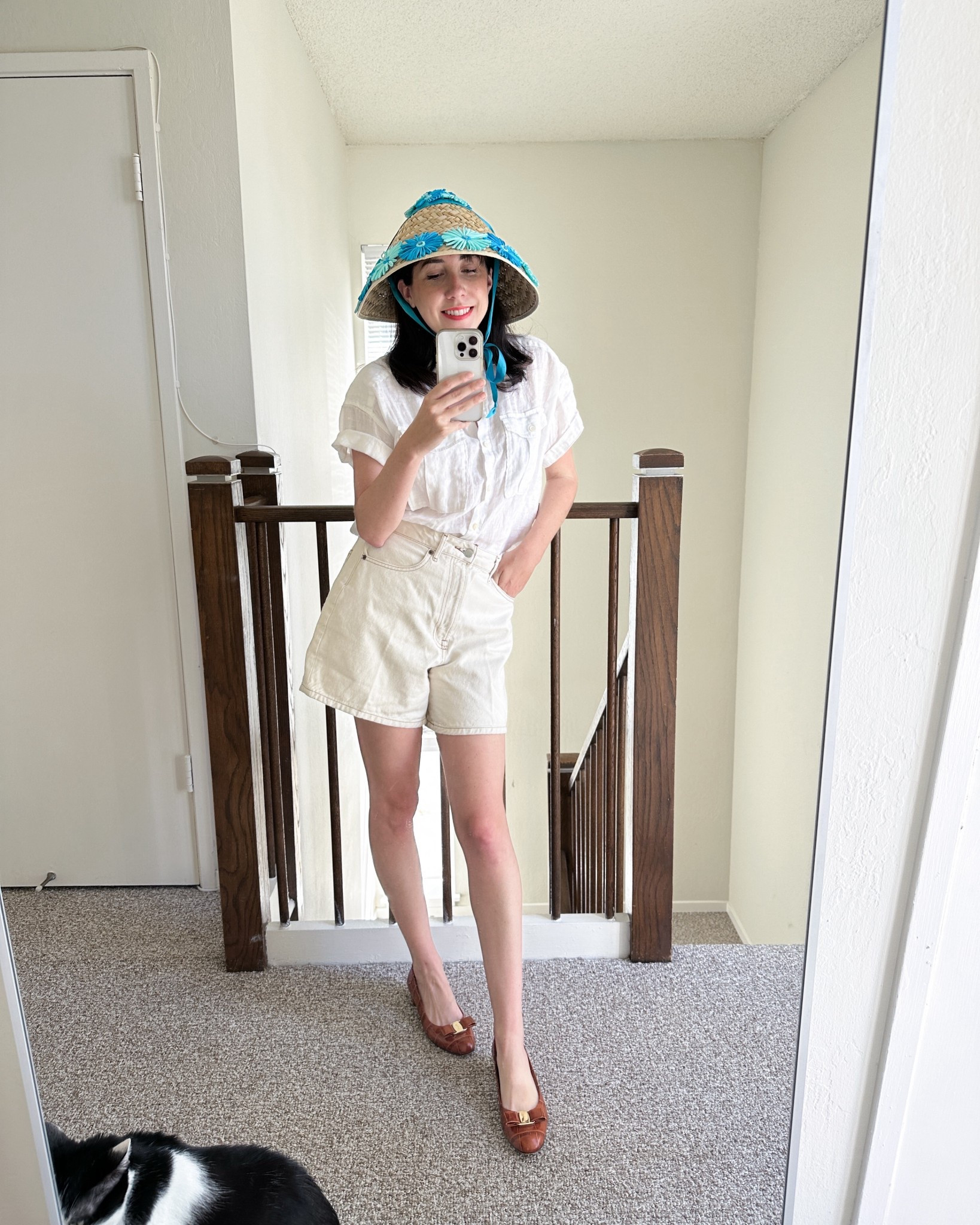 A simple look in my favorite Everlane shorts, Ferragamo flats, and an easy white button up this Alex Mill linen top

#LTKStyleTip