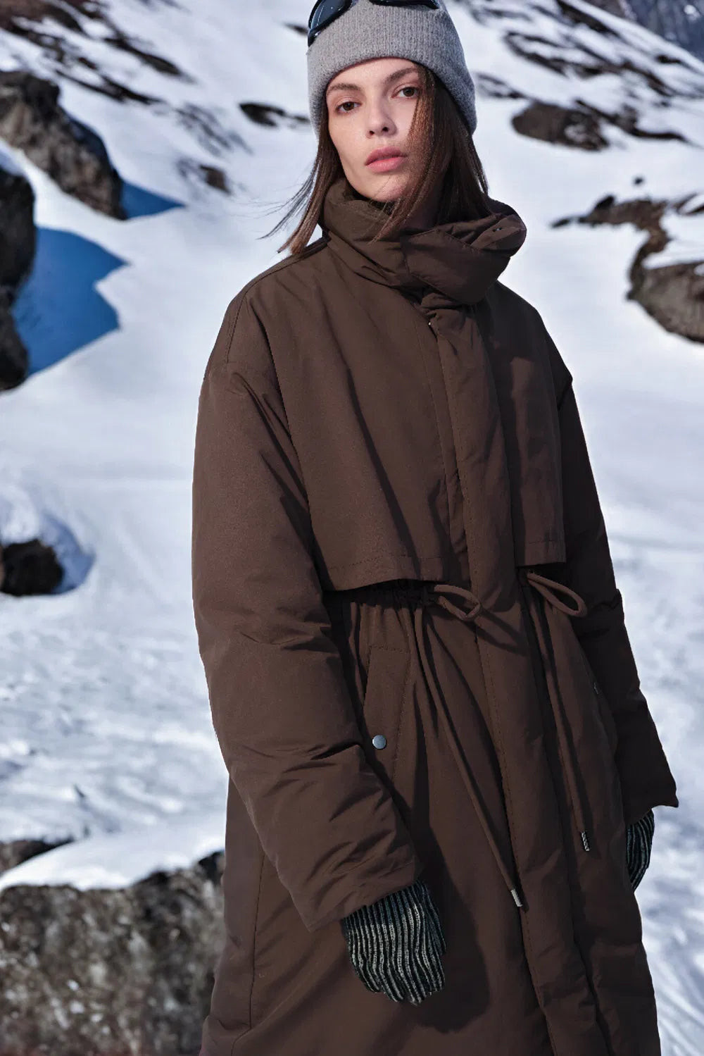 Maddalena UltraLight Brown Long Down Coat in Tear and Water Repellent | Fabrique