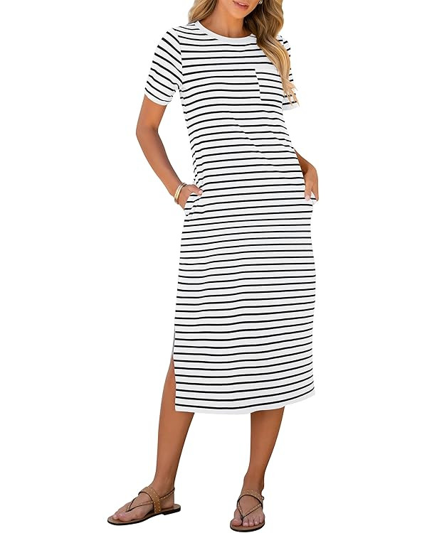 ANRABESS Womens Summer Casual Midi Dress Short Sleeve Crewneck T Shirt Long Dresses Split Stripe ... | Amazon (US)