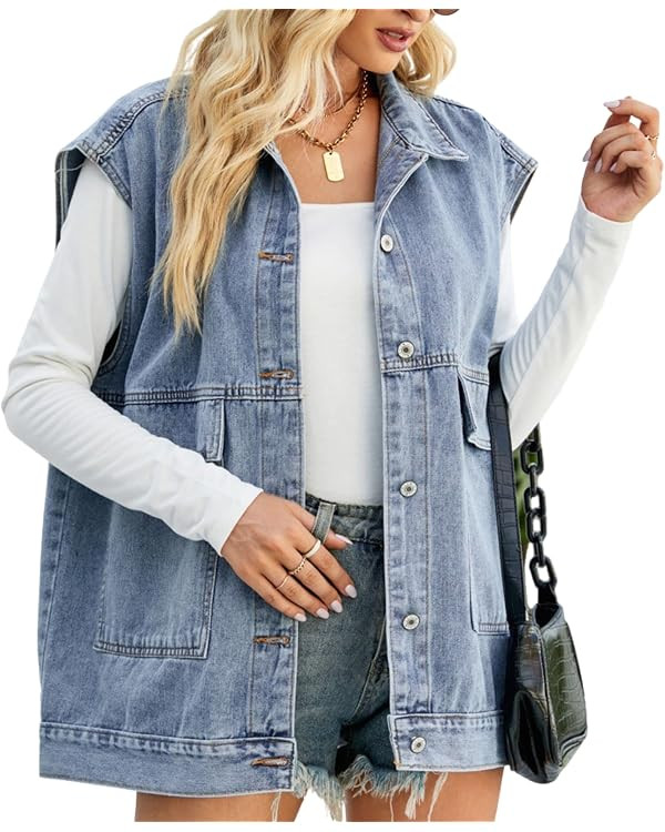 FindThy Women’s Vintage Denim Jean Vest Oversized Button Down Jean Waistcoat Gilet | Amazon (US)