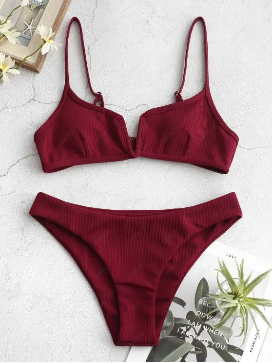 ZAFUL Ribbed V Wired Cami Bikini Set   LIGHT SKY BLUE RED WINE WHITE | ZAFUL (Global)