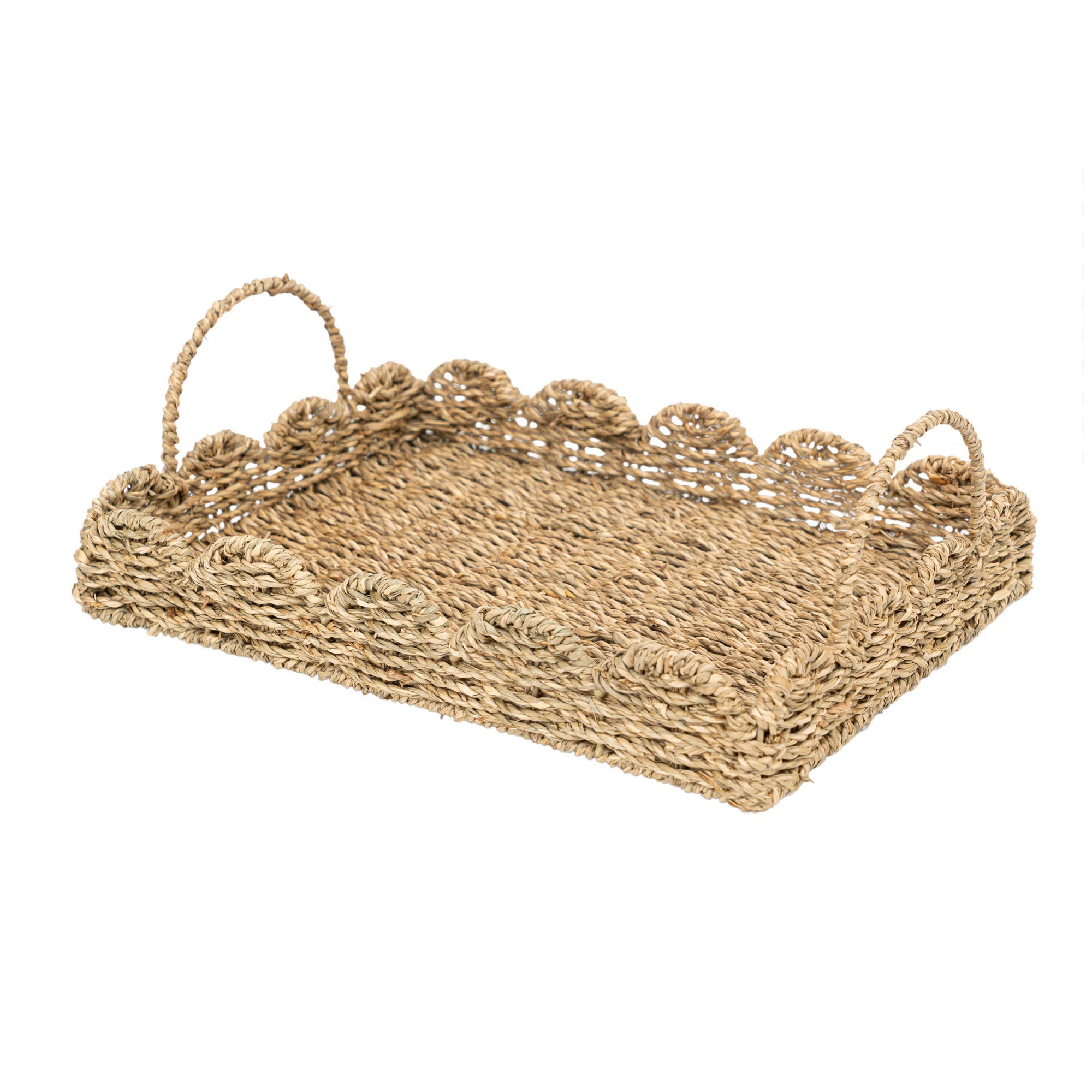 August Grove® 14" Handmade Scalloped Tray Decor, Wicker Seagrass Tray, Christmas Serving Tray wi... | Wayfair North America