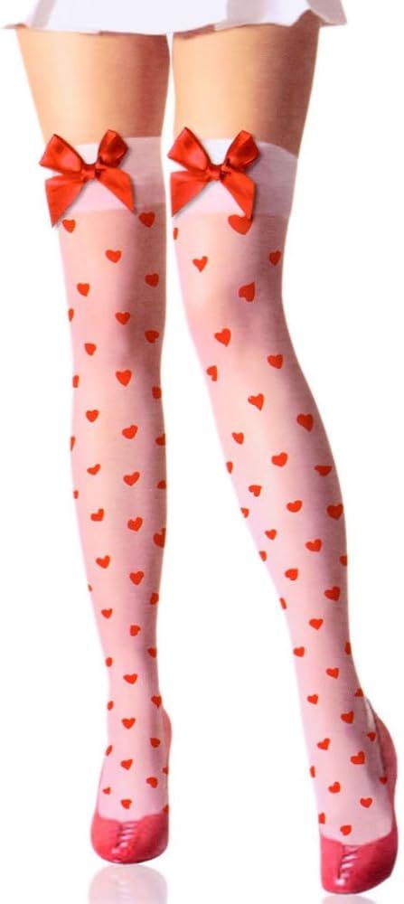 Amybria Women's Sexy Thigh High Stockings Red Bowknots & Heart Dots (White) | Amazon (US)