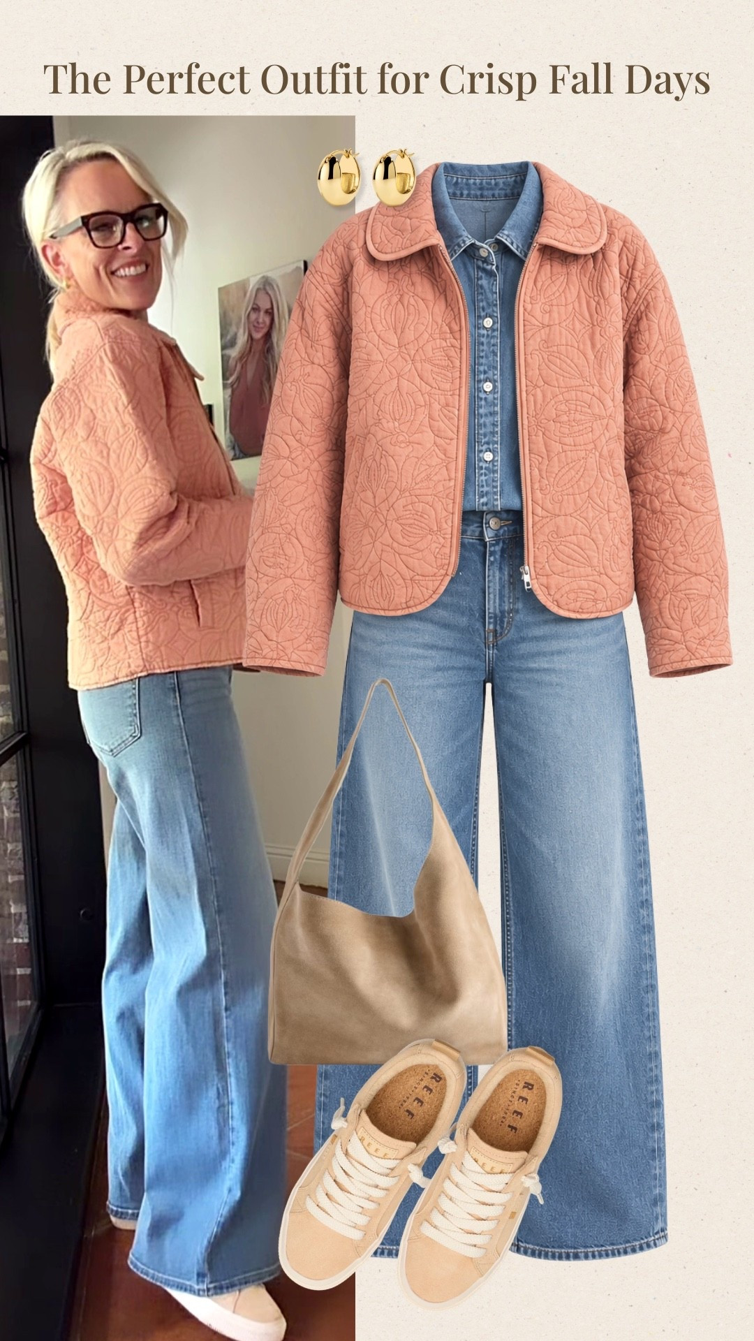 A quilted blush jacket is such a lovely layer for crisp fall days. I paired it with a denim shirt and relaxed wide-leg jeans, then kept the accessories neutral with a taupe shoulder bag and cream sneakers for an easy everyday look.

#LTKootd #LTKOver40 #LTKgrwm