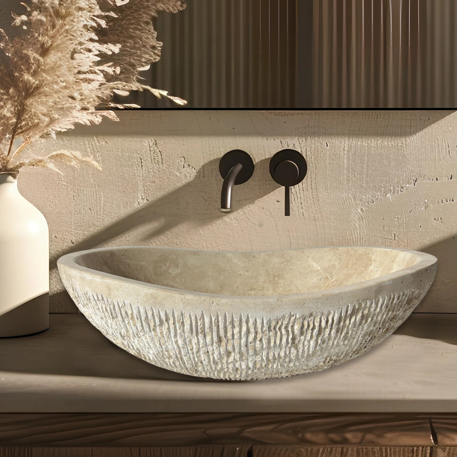 mirthmansion Mirth Mansion Oval Travertine Vessel Sink – Hand-Carved Canoe Shape Marble Basin ... | Wayfair North America