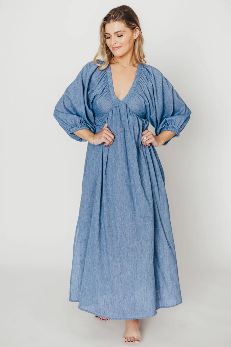 Finn V-Neck Midi Dress in Blue | Worth Collective