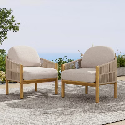 Set of 2 Outdoor Acacia Wood Rope Club Chair with Beige Cushions & Teak Finish, Deep Seating for Patio Garden Porch-3irtyhousy | Target