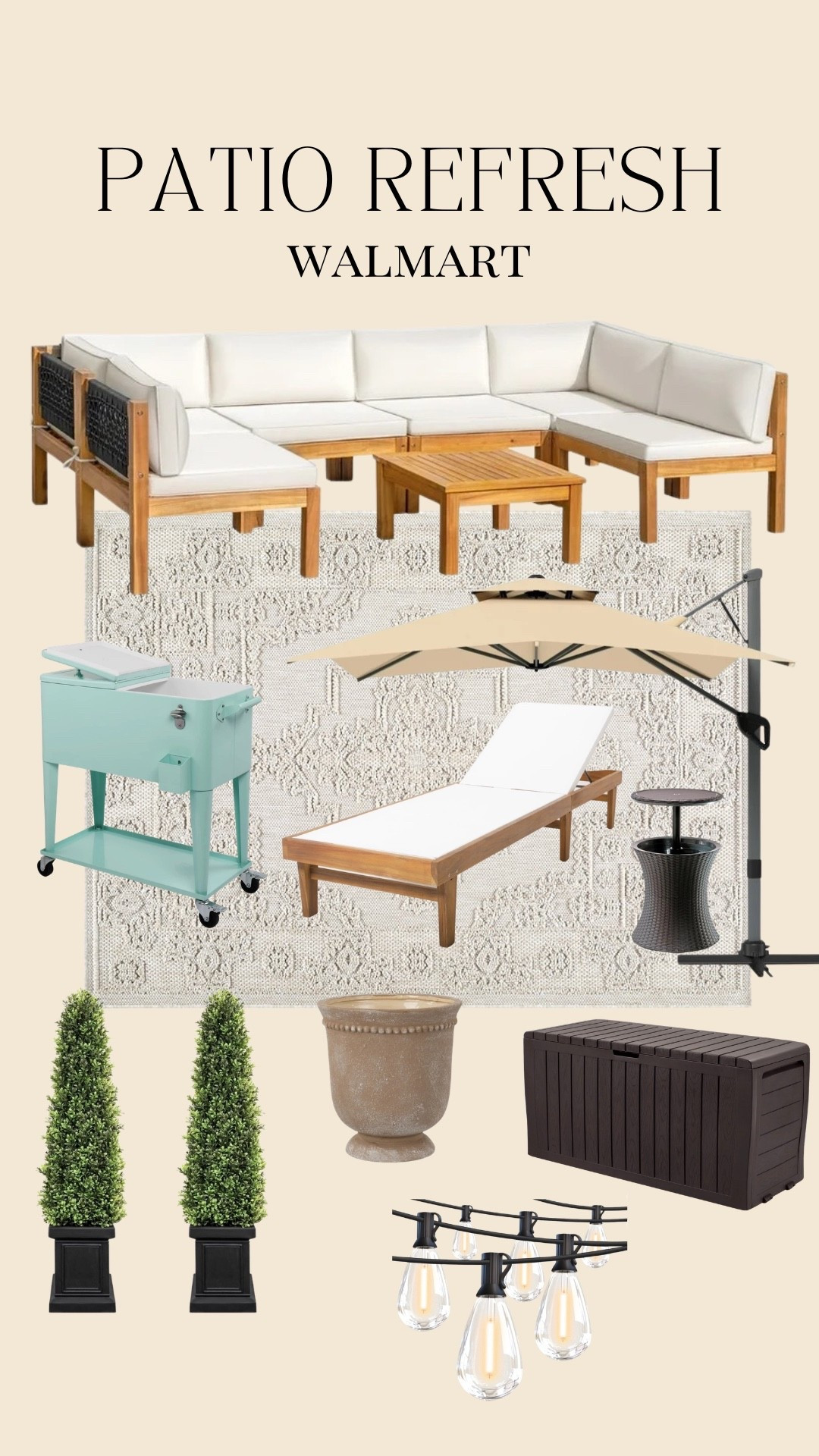 Patio refresh Walmart 🙌🏻🙌🏻

Outdoor rug, topiaries, chaise cooler, patio acacia set,
Umbrella 

#LTKspring #LTKSeasonal #LTKHome