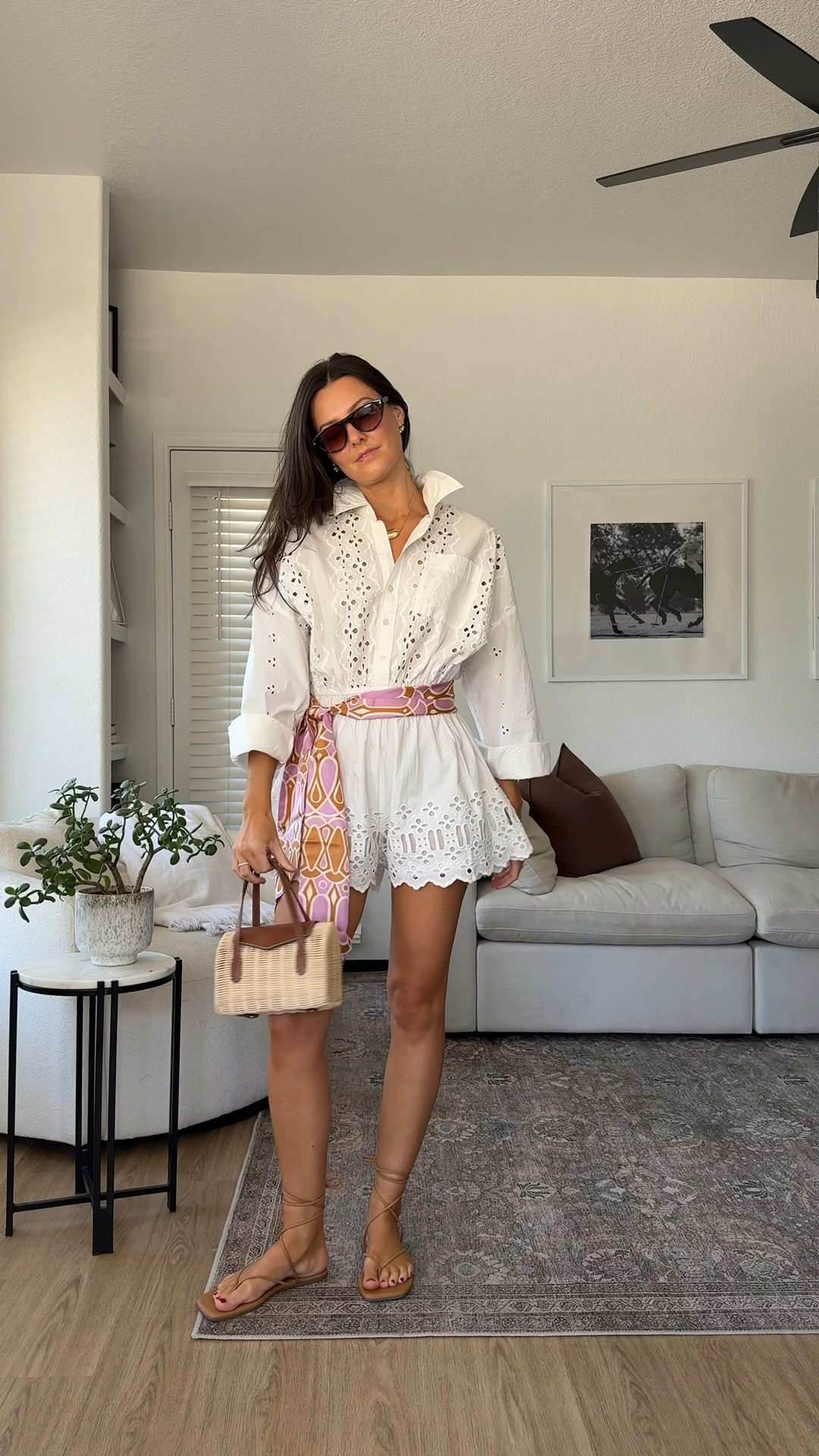 Summer outfit! I am 5’7” wearing a size XS in the romper. My scarf is thrifted but I am linking similar!