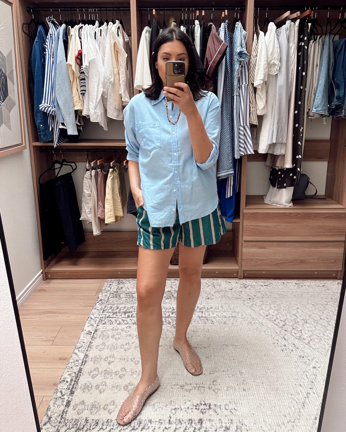 I love this button down and it’s a keeper! I think I got it for under $35, too. It runs true to size, but in an oversized fit. I’m in the medium and it’s a perfect fit. It’s 100% cotton but a really soft feel, lightweight too. 

A really nice and reliable basic!

My shorts are 20% off!