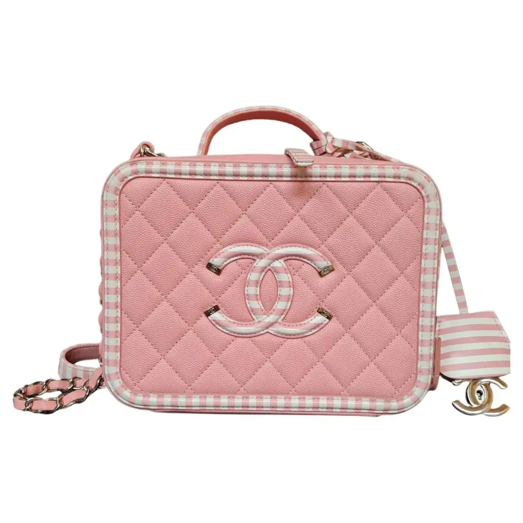 Chanel Pink Medium Caviar Quilted Stripe Vanity Case | 1stDibs