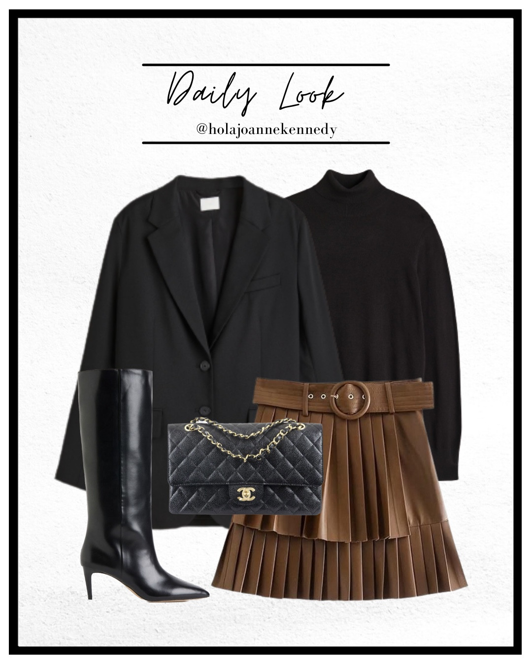 Brown leather pleated skirt, brown leather skirt, pleated leather skirt, knee high boots, pointed toe boots, black knit, black roll neck, black oversized blazer, autumn fashion, autumn outfit ideas, patterned tights, fashion tights, fall fashion, fall style, autumn style 

#LTKautumn #LTKeurope #LTKuk