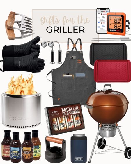 Gift guide for the griller include Weber charcoal grill, grilling apron, Yeti can cooler, cooking trays, grilling thermometer, meat claws, grilling mits, fire pit, bbq sauce set, bbq seasoning set, grill lights, and burger smasher. 

Grilling gifts, gift guide, gifts for the griller, gifts for him, gifts for husband, gifts for boyfriend, gifts for brother, grilling

#LTKmens #LTKunder100 #LTKGiftGuide