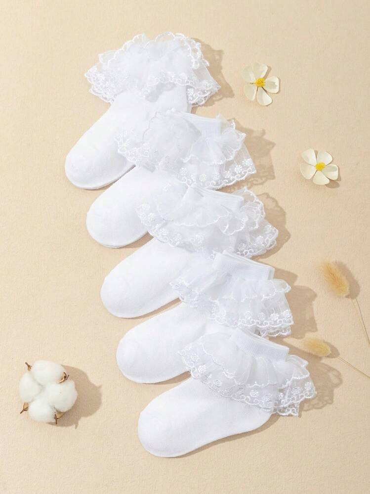 5 Pairs Baby Girl Lace Decor Sweet Girly Style White Breathable Mesh Ankle Socks | SHEIN
