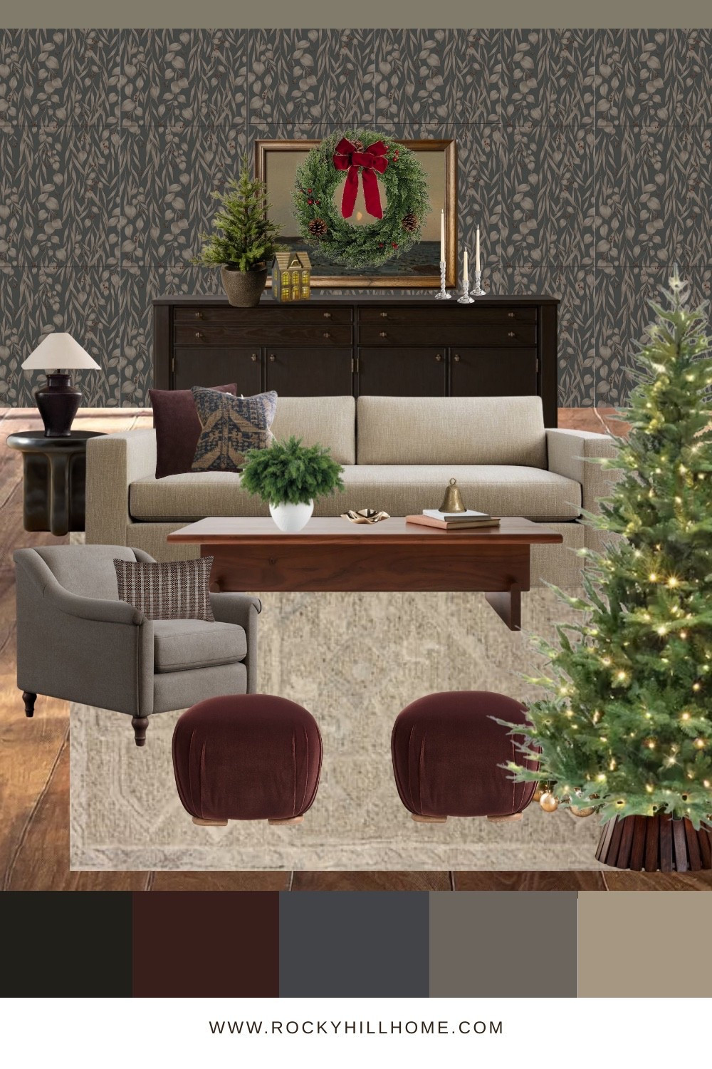 Festive Holiday Living Room Mood Board 

pottery barn living room furniture, west elm Christmas tree collar, burgundy ottoman from crate and barrel, neutral rug, wallpaper, Christmas decor 

#LTKHoliday #LTKHome #LTKStyleTip