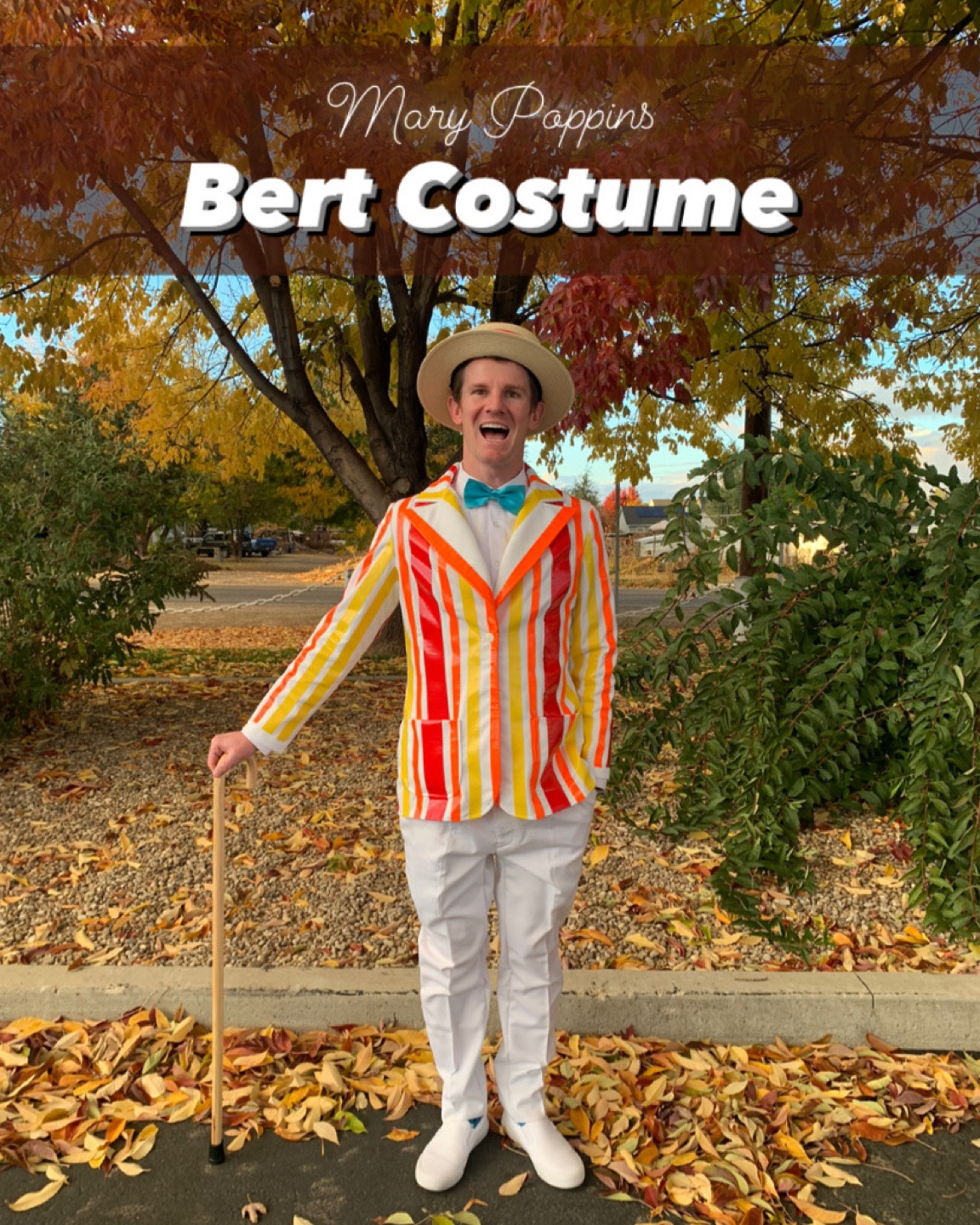 DIY Halloween Costume: Bert from Mary Poppins. Duct tape stripes on white jacket, bow tie, hat, cane and all

#LTKSeasonal
