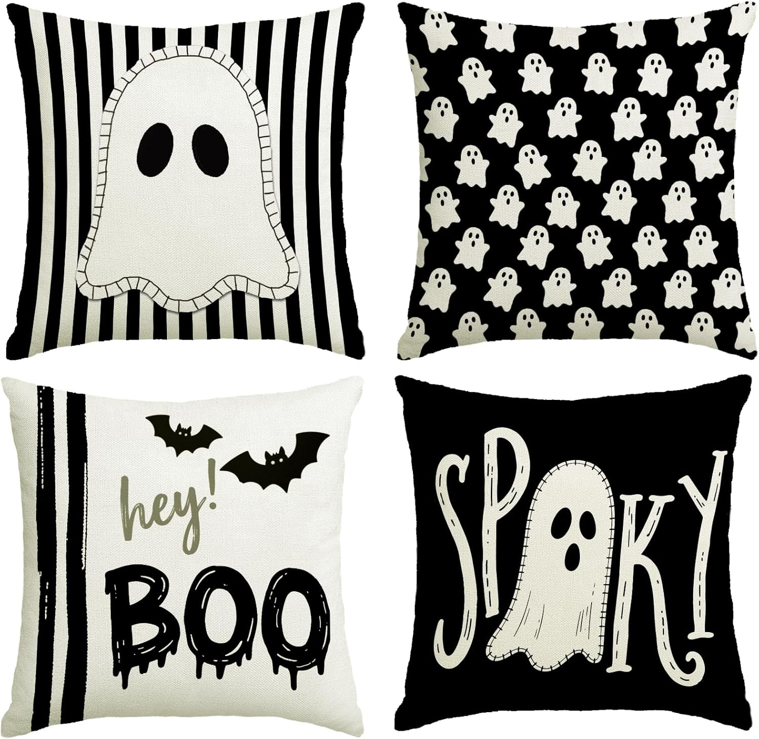 Halloween Decor Pillow Covers 18x18 Inch,Set of 4 Halloween Decorations Outdoor Indoor Throw Pillow Covers, Hey Boo Cute Spooky Ghost Black Striped Linen Cushion Case for Home Sofa Couch Bed Chair | Amazon (US)
