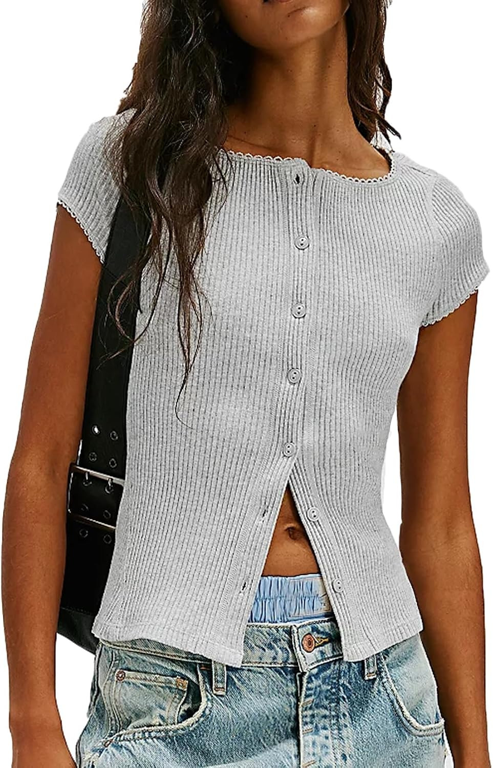 Womens Short Sleeve Cardigan Fitted Button Down Shirts Y2k Going Out Tops | Ribbed Knit,Picot Trim,Ideal for Bussiness Casual,Concert,School,Date Night,for Summer,Spring,Fall | Amazon (US)