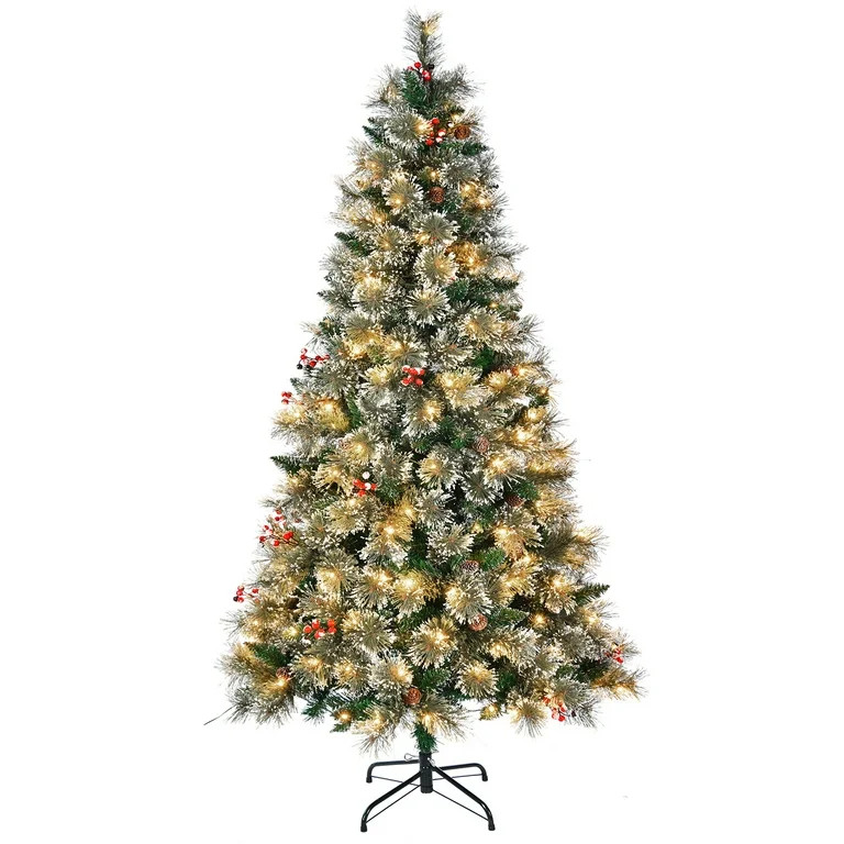 HONGGE 6.5ft Pre-Lit Glittering Frost Pine Artificial Christmas Tree, Warm White LED, Green | Walmart (US)