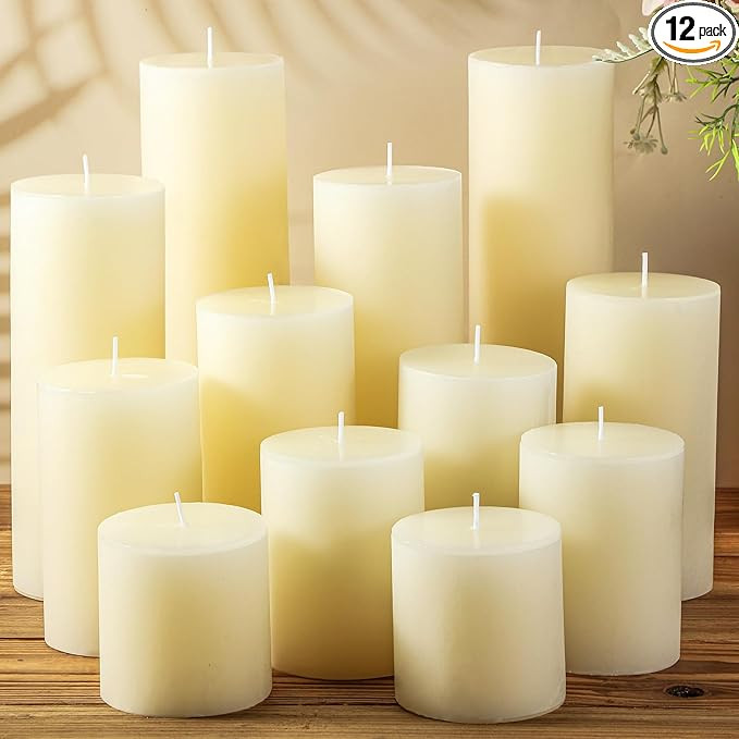 Shihanee 12 Pcs Pillar Candles 3 in x 3,4,5,6,8,10 Dripless Unscented Smokeless Candle Long Burni... | Amazon (US)