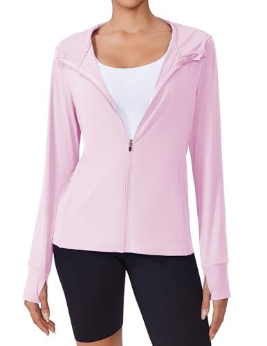 PINSPARK Women's UPF 50+ Sun Protection Jacket Hooded Full Zip Up Lightweight Sports Jackets with Thumb Holes Long Sleeve Gym Tops with Pockets Pink M | Amazon (US)