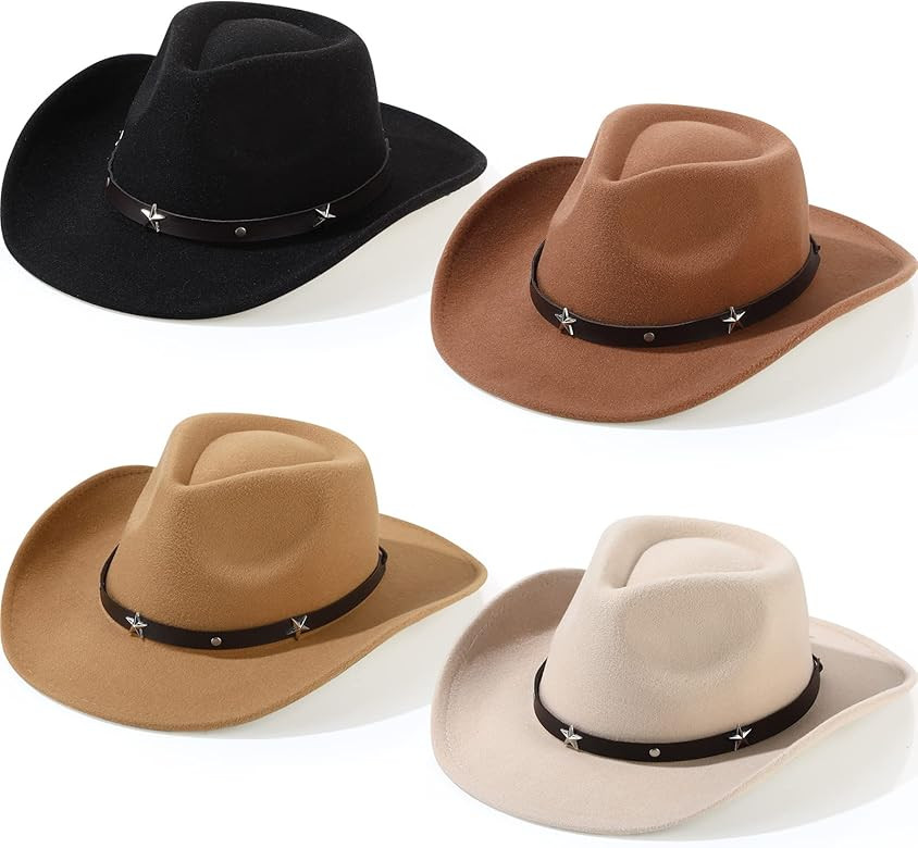 4 Pcs Classic Western Cowboy Hat Men Felt Wide Brim Cowgirl Hats Women Belt Buckle Panama Hat for... | Amazon (US)